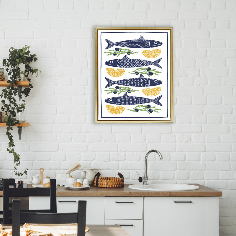 Cadre flottant poisson, citron et olives, design par Bex Morley Design, H 21 po x l 17 po, Cadre flottant métallique doré