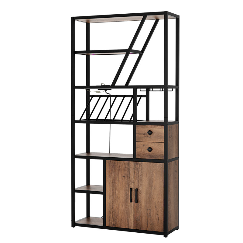Armoire à vin avec rangement, plancher autoportant pour porte-bouteilles, rangement pour bar à café, Brun