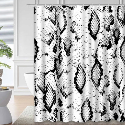 Snake Skin Seamless Black Abstract White Shower Curtain with 12 Hooks