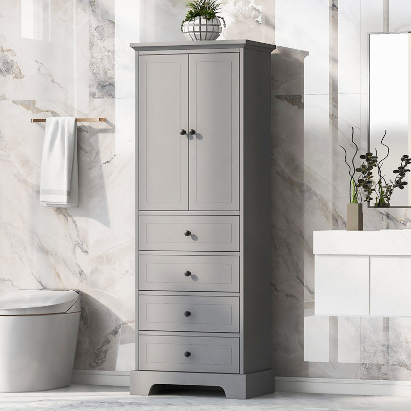 Armoire de rangement avec 2 portes et 4 tiroirs pour salle de bain, bureau, tablette réglable, panneau de fibres à densité moyenne avec finition peinte
