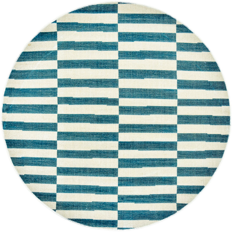 Tapis rayé ivoire / noir Arzilla, Teal/Cream, Rond 3 pi 7 po