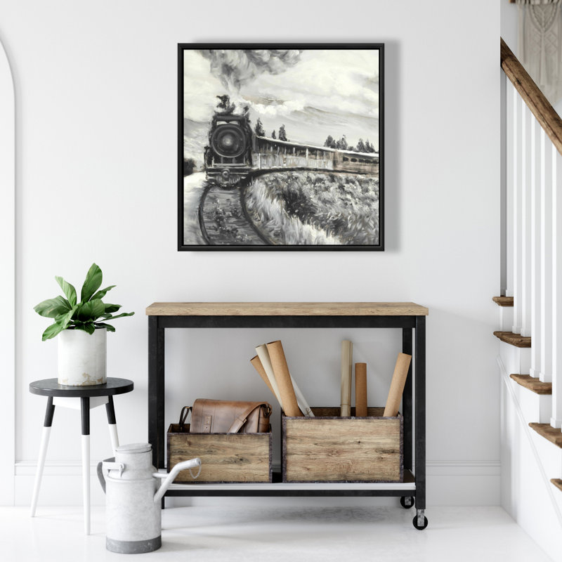 Steam Engine Train Print On Canvas, Black Framed Canvas, 24" H x 24" W