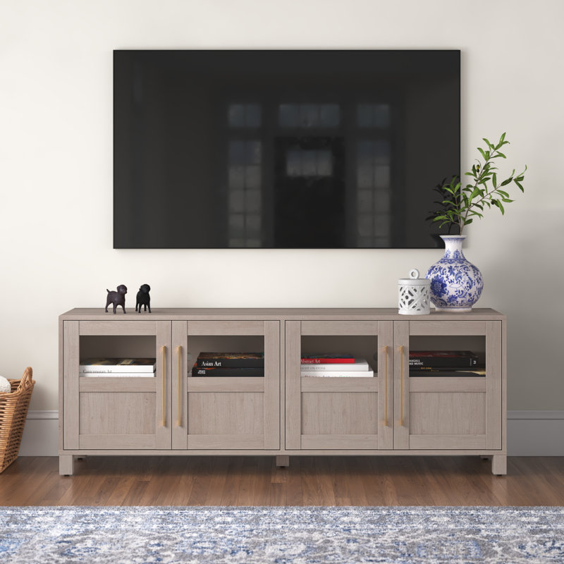 Holbrook TV Stand for TVs up to 75" in Alder White with Glass Doors, Storage & Cable Management — Contemporary Media Console with Brass Hardware for Living Room 