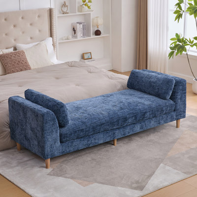 Banc de bout rembourré de 83,1 po de largeur avec accoudoirs, méridienne en chenille avec 2 traversins, lit de jour avec pieds en bois d'hévéa pour salon, chambre à coucher, appartement, chambre d'amis, bleu