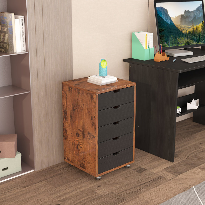 5-Drawer Mobile Storage Cabinet, Multi-Functional Rolling File Cabinet with Top Shelf for Home Office & Bedroom, Brown