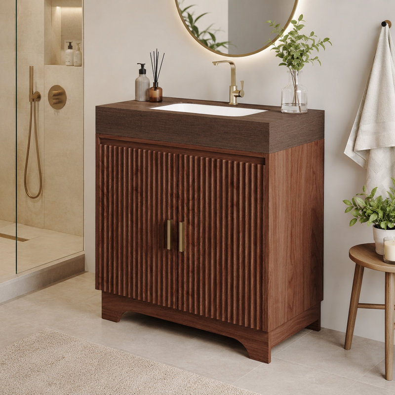Meuble-lavabo avec plateau en pierre frittée et pieds en contreplaqué Heywood, Brown