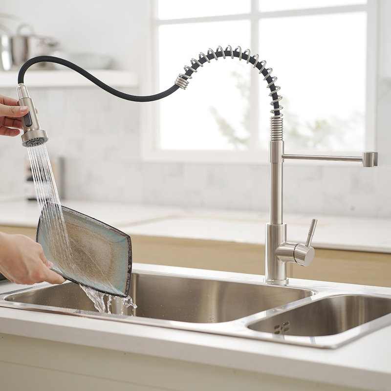Brushed Nickel Kitchen Faucet With Pullout Spray - Brass, Enhanced Leak Resistance, Multi-Functional Water Outlet Functions Options