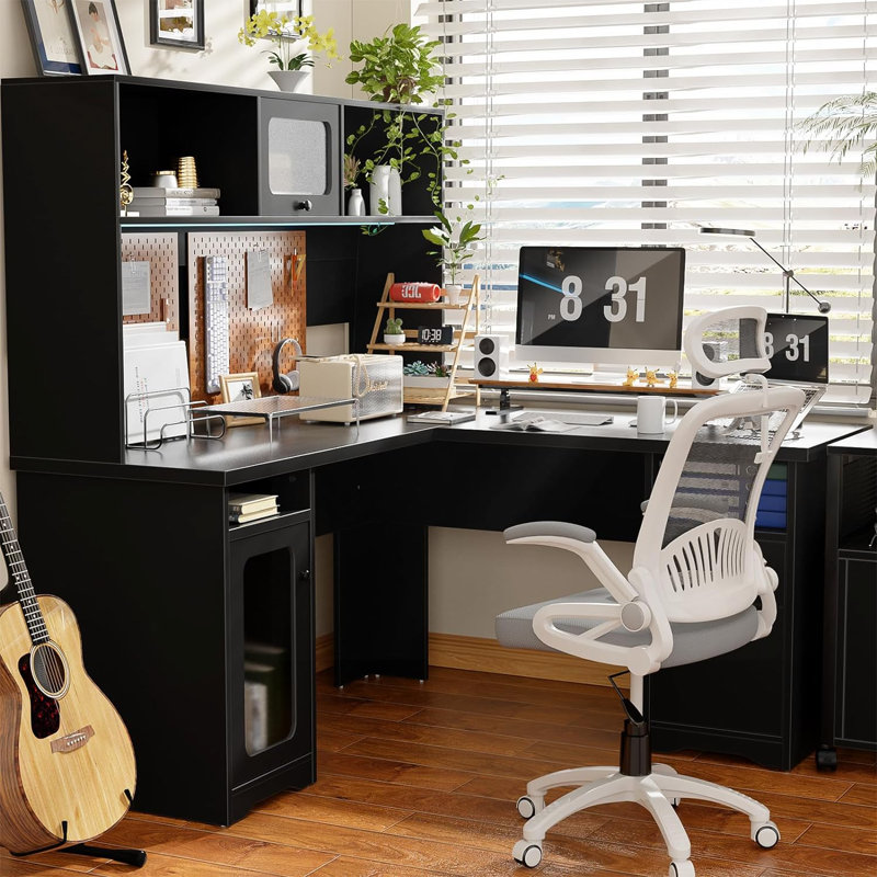 Black L-Shaped Executive Desk with Hutch and Power Outlet
