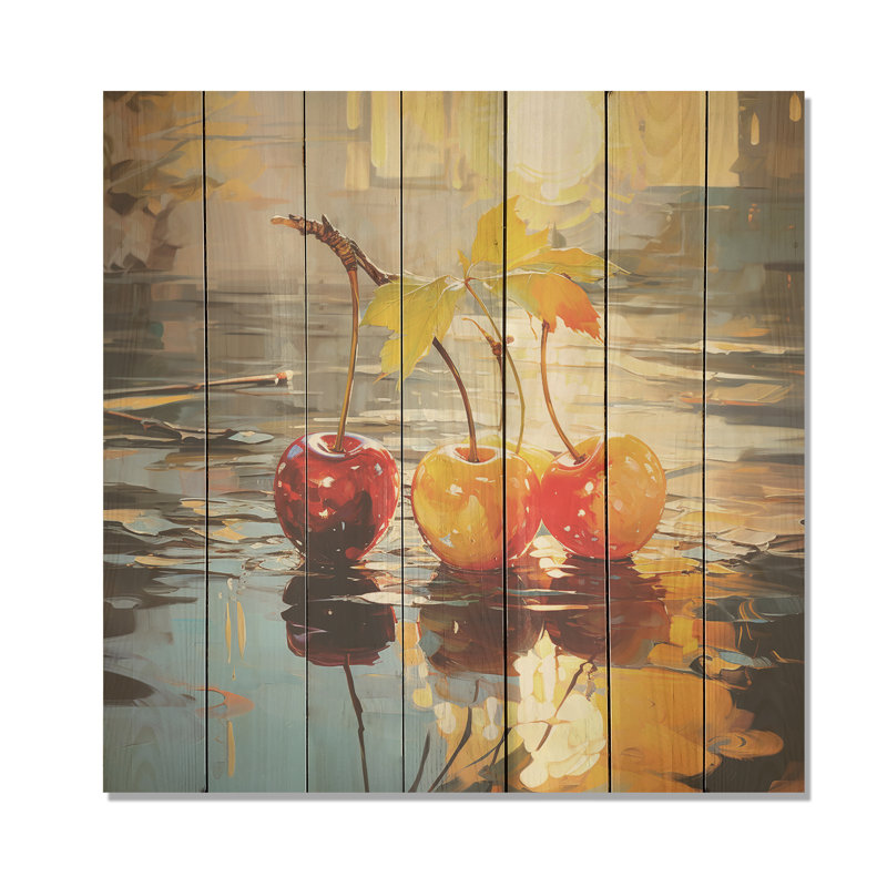 Verre rouge cerise automnale - Cerisier sur bois, H 15 po x l 15 po