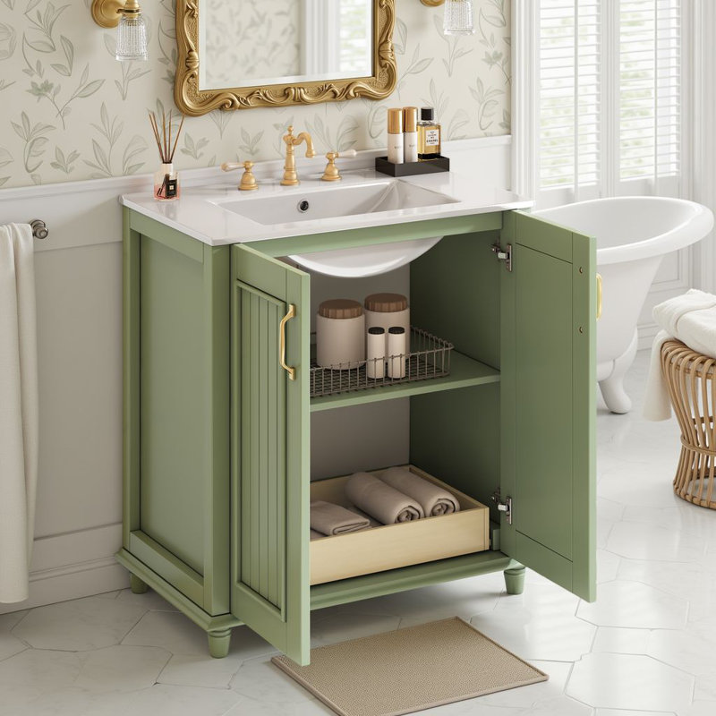 Meuble-lavabo autoportant de 30 po avec lavabo en céramique et tiroir caché, Vert