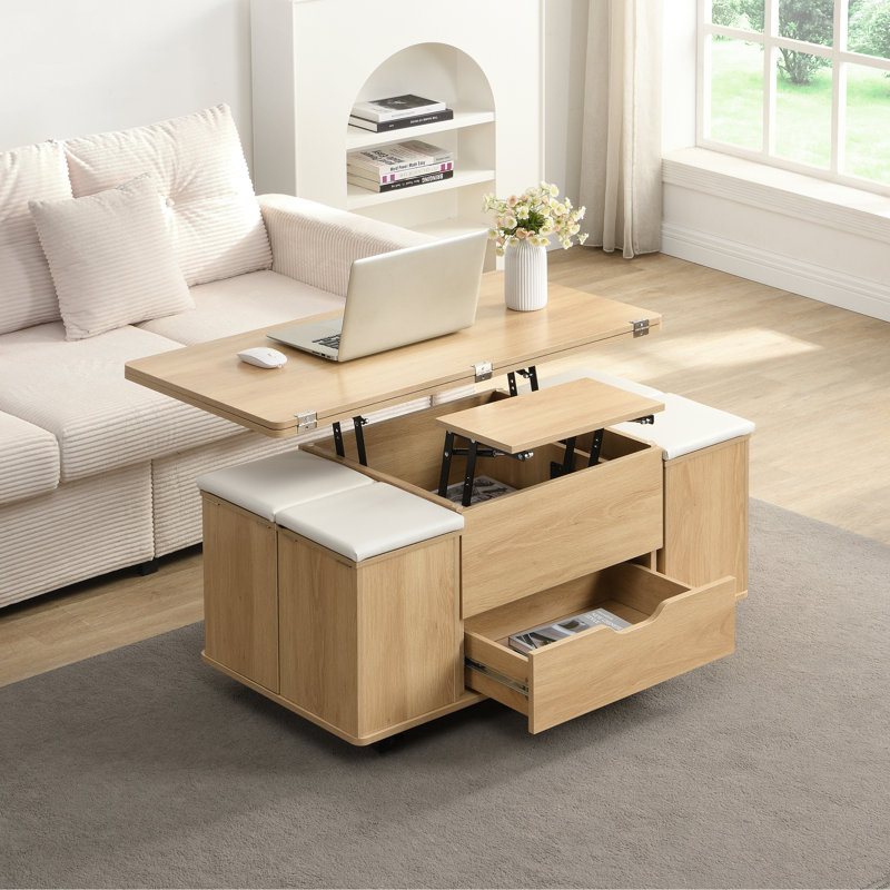  Table basse multifonctionnelle à plateau relevable avec rangement caché, table centrale moderne avec 4 tabourets et roulettes, naturel / blanc