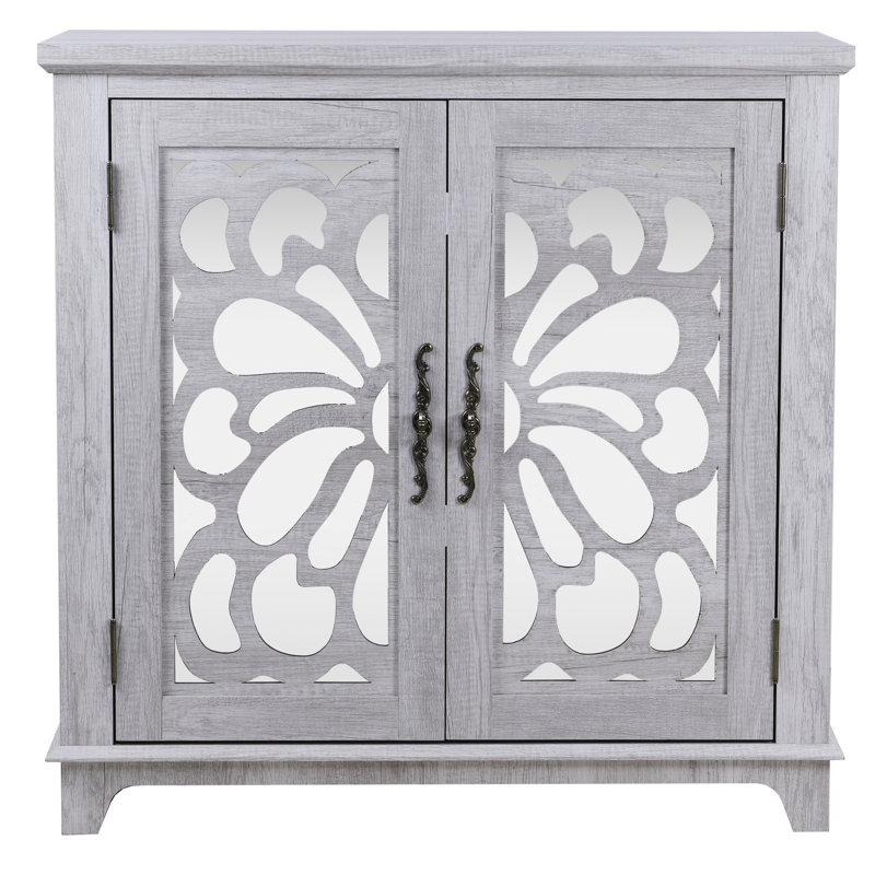 Élégant buffet avec 2 portes en miroir, gris, design creux, grain de bois 3D, pour le hall d'entrée et le décor spacieux avec tablette réglable, espaces de cuisine