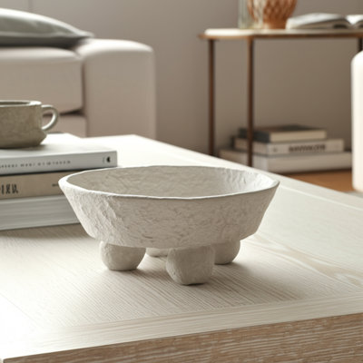 Decorative Round Paper Mache Bowl for Home Decor - Modern Accent Bowl Perfect for Kitchen Counter, Coffee Table, or Entryway Styling - White