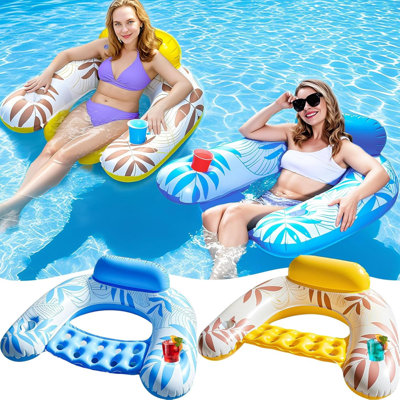 2 Pack Inflatable Pool Floats Adults, Pool Floaties Chairs  With Cup Holders & Backrest,  Up Swimming Pool Noodle Floating  For Adult Summer Water Fun Party, Beach Vacation Essential