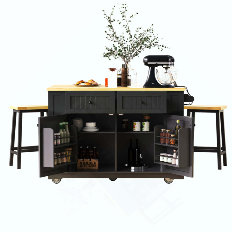 Îlot de cuisine avec abattant, prise de courant, support de rangement interne, chariot de rangement roulant sur 5 roulettes avec 5 supports latéraux ouverts, pour la cuisine, la salle à manger (sans les tabourets)