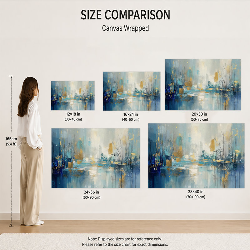 Horizontale bleue, or, abstrait, lac, reflet, arbre, impression sur toile, art plat moderne, paysage, peinture décorative