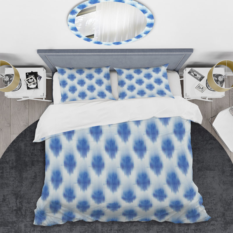 Blue Indigo Ikat Polyester Geometric Shapes Duvet Cover, King Duvet Cover + 2 King Shams