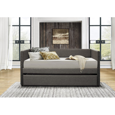 Fabric Upholstered 1Pc Day Bed With Pull-Out Trundle Nailhead Trim Wood Frame Furniture