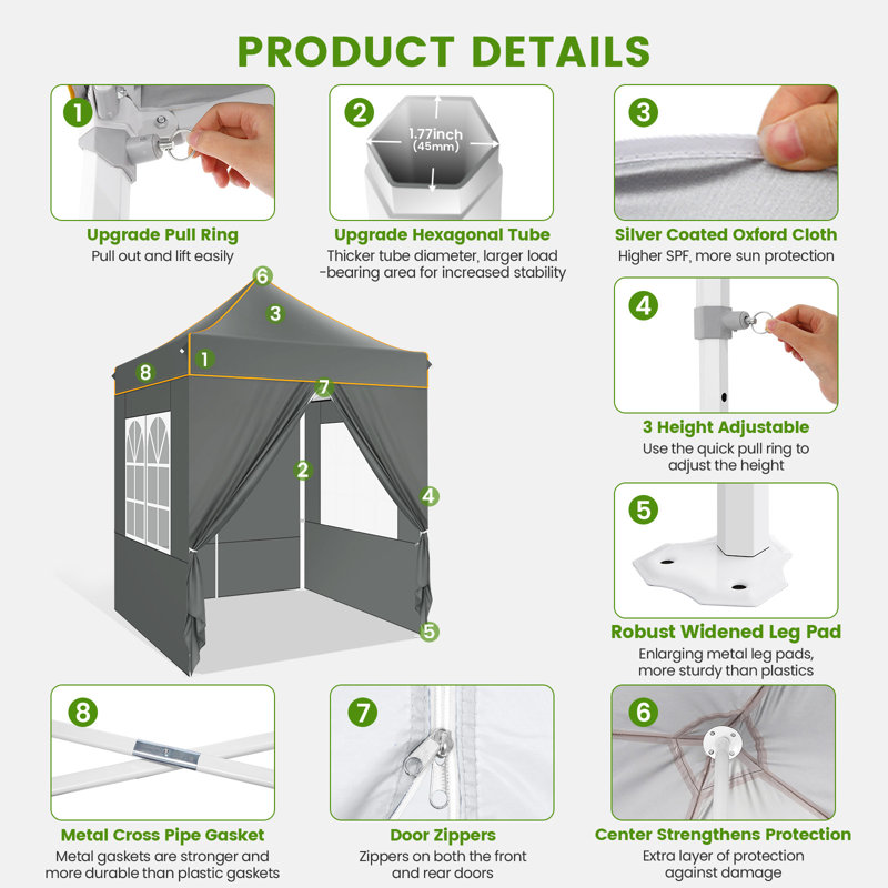 6.5x6.5ft Pop Up Canopy Tent, Heavy Duty Canopy Easy Set up All Weather Waterproof Outdoor Canopy Tent for Parties, Gray