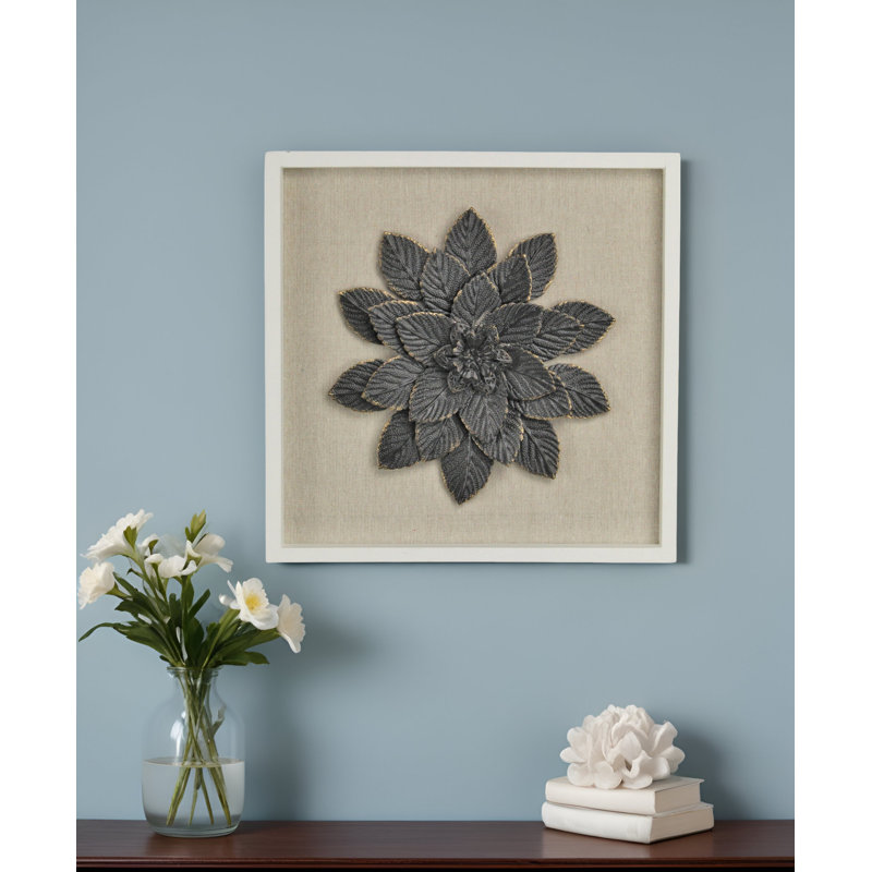 12" X 13" Black And Gold Flower Wood and Metal Wall Decor