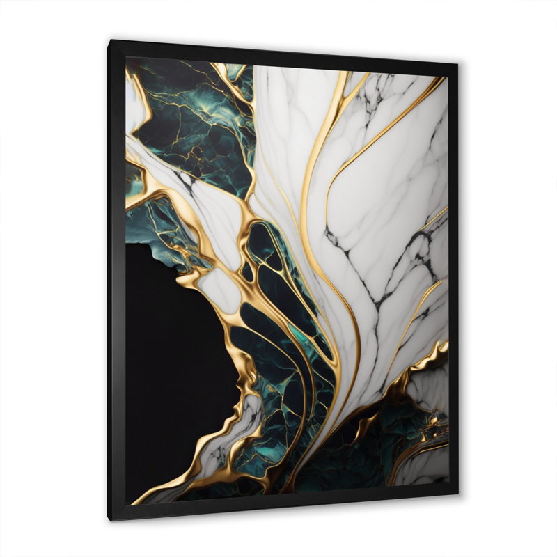 Géode abstraite or et marbre vert III - art mural abstrait en marbre, Impression noire sur toile encadrée, L 16 po x H 32 po