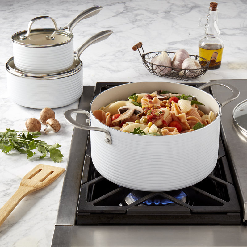 10-Piece White Nonstick Aluminum Cookware Set with Ribbed Design