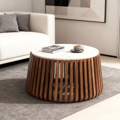 Table basse ronde en bois d'acacia massif avec plateau en marbre