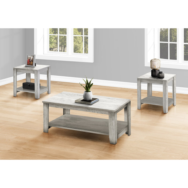Ensemble de 3 tables basses grises pour salon - Tables d'appoint et de chevet de style contemporain avec étagère inférieure pour un gain de place. Finition stratifiée d'aspect industriel.