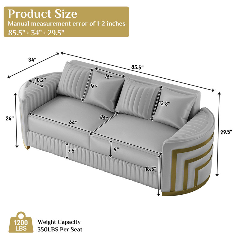 Canapé 86 po en velours avec accoudoirs décoratifs dorés en forme de croissant, Grey