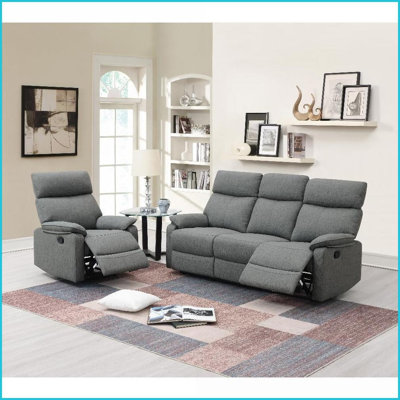 Canapé inclinable 3 pièces Grey Burlap Accoudoirs | Gris | Tissu en toile de jute | Dossier rembourré