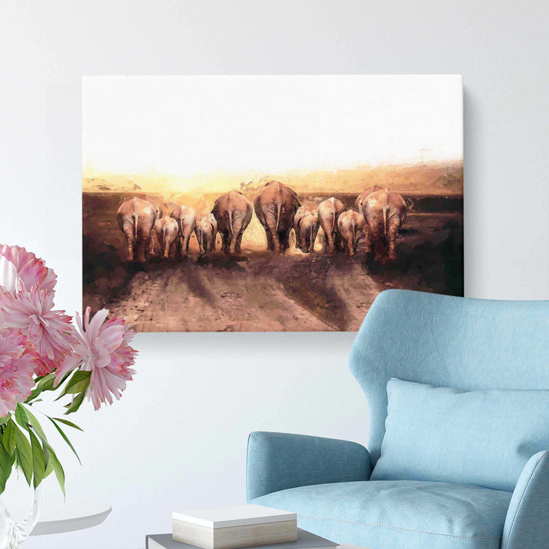 Herd Of Elephants On A Dusty Road In Abstract - Wrapped Canvas Painting, 35cm H x 50cm W x 3cm D