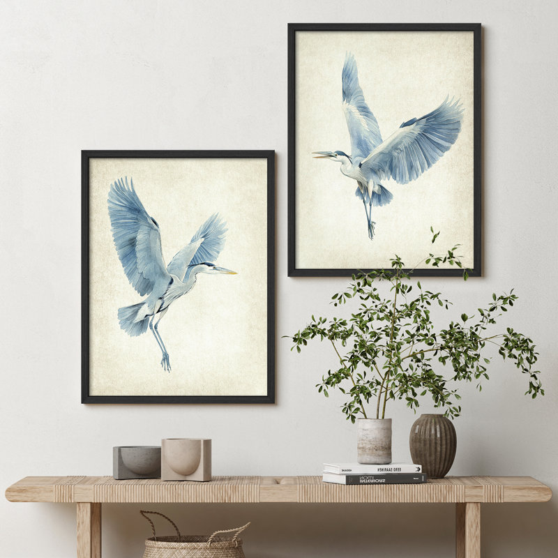 «Blue Heron», ensemble de 2 impressions murales encadrées élégantes pour décor de salon ou de chambre à coucher, Blanc