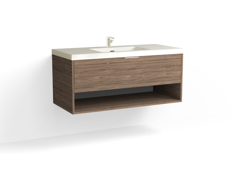 Modo 48" W Wall Mounted Single Bathroom Vanity, Glossy White/8" Widespread, White Acrylic, Satin Nickel