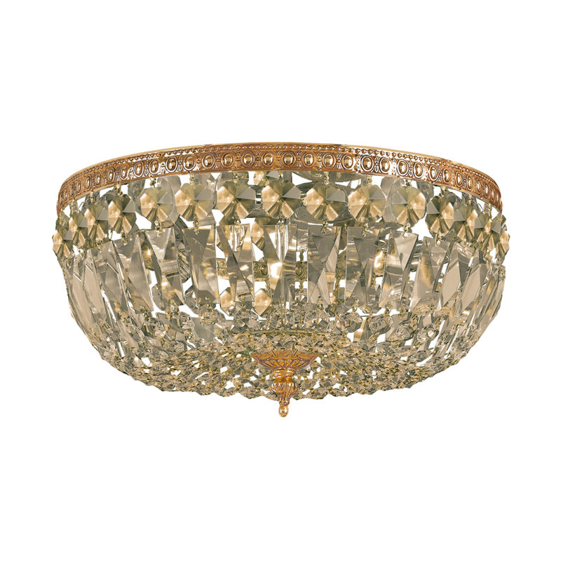 Plafonnier encastré 3 lumières Rossiter, Teck doré taillé à la main, H 7,5 po x l 14 po, Laiton vieilli