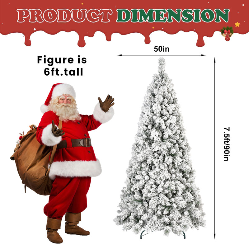 Arbre de Noël enneigé 7,5 pi, PVC enneigé et branches à aiguilles dures, structure à charnières pour une installation facile, support en métal stable