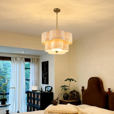  20" 5-light Natural Rattan Chandelier With 2-tier Hand Woven Flower-shaped Shade