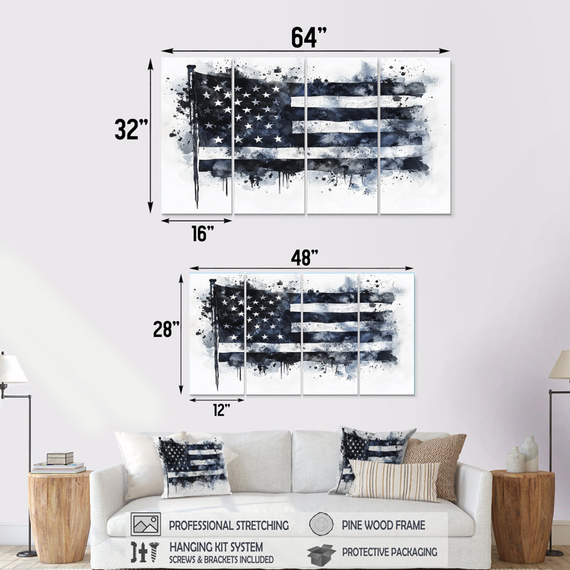 Aquarelle, drapeau américain noir et blanc - art mural États-Unis - ensemble de 4 décorations murales traditionnelles
