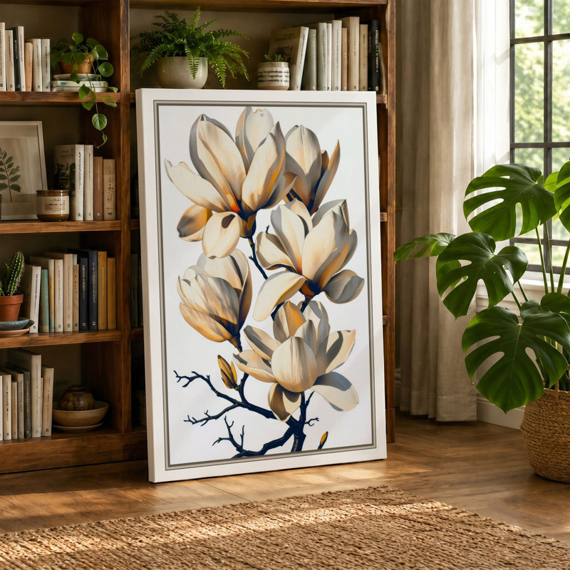 Magnolia Branch Botanical 1 Piece Wrapped Canvas Wall Art, 36x24 - 91.4 x 61.0 cm, White Border