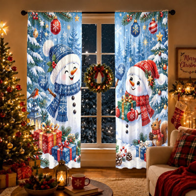 2Pcs Cute Snowman Christmas Window Curtains, Festive Winter Scene Rod Pocket Light Filtering Curtains For Living Room Bedroom Kitchen, Holiday Decor