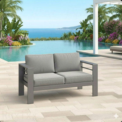 52" All-Weather Metal Loveseat Patio Sofa With Thick Gray Cushions & Gray Frame