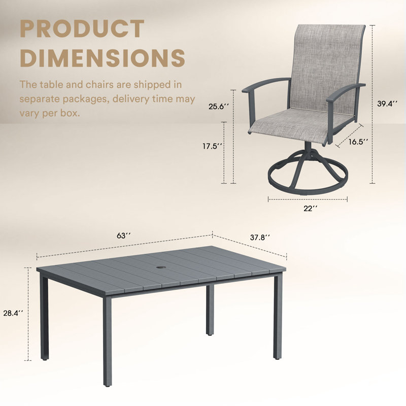 6-Person Outdoor Rectangular Patio Dining Set With Swivel Armchairs, Gray