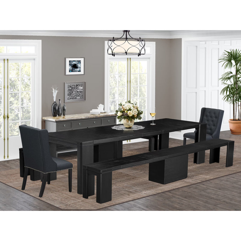 5-piece Modern Dining Table Set a Rectangular Dining Table and 2 wooden Benches and 2 Black Linen Fabric kitchen Chair, Wire Brushed Black