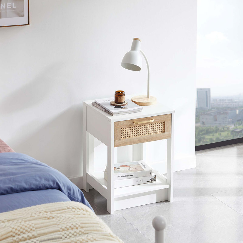 Table de bout 15,75 "en rotin avec tiroir, table de chevet moderne, Blanc