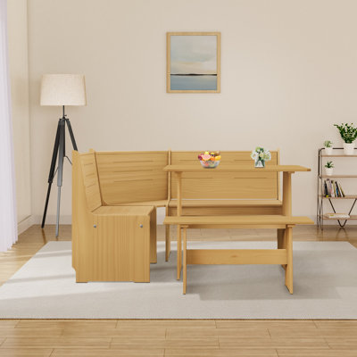 Berna 3-Piece Solid Wood Corner Dining Set – Modern Style, Space-Saving Kitchen Nook Furniture