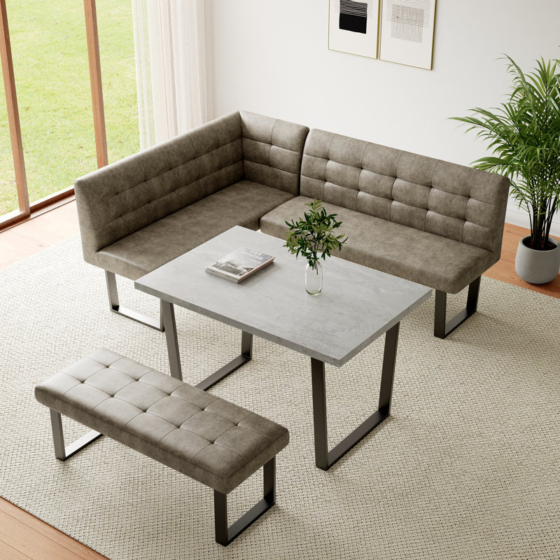 2 Piece Modern  Faux Leather Corner Bench And Backless Bench With Tufted Upholstery And Metal Legs