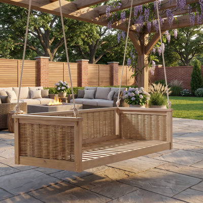 Balancelle de véranda simple en bois naturel, structure de balançoire suspendue en bois massif et en rotin avec de longues cordes pour le jardin, la piscine et la cour arrière （N'inclut pas les coussins de siège ou les coussins décoratifs）