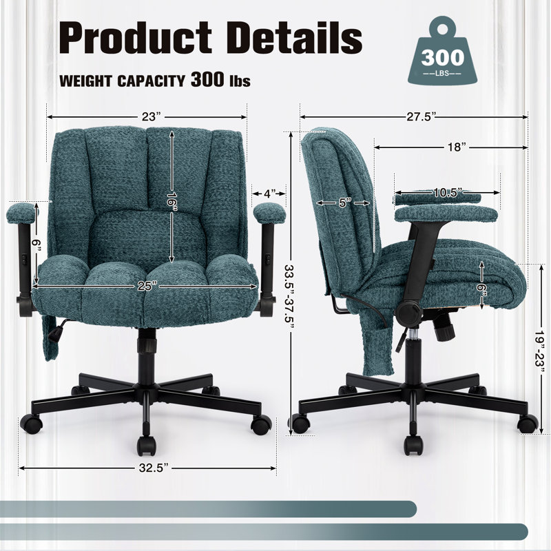 Adjustable Ergonomic Cross Legged Desk Chair with Adjustable Up&Down and Flip-Up Armrests & Lumbar Support, 300LBS Capacity