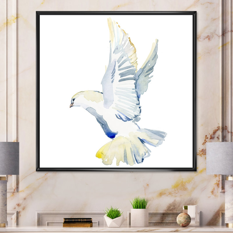 Colombe blanche en vol, H 30 po x l 30 po x P 1 po, Toile avec cadre flottant noir