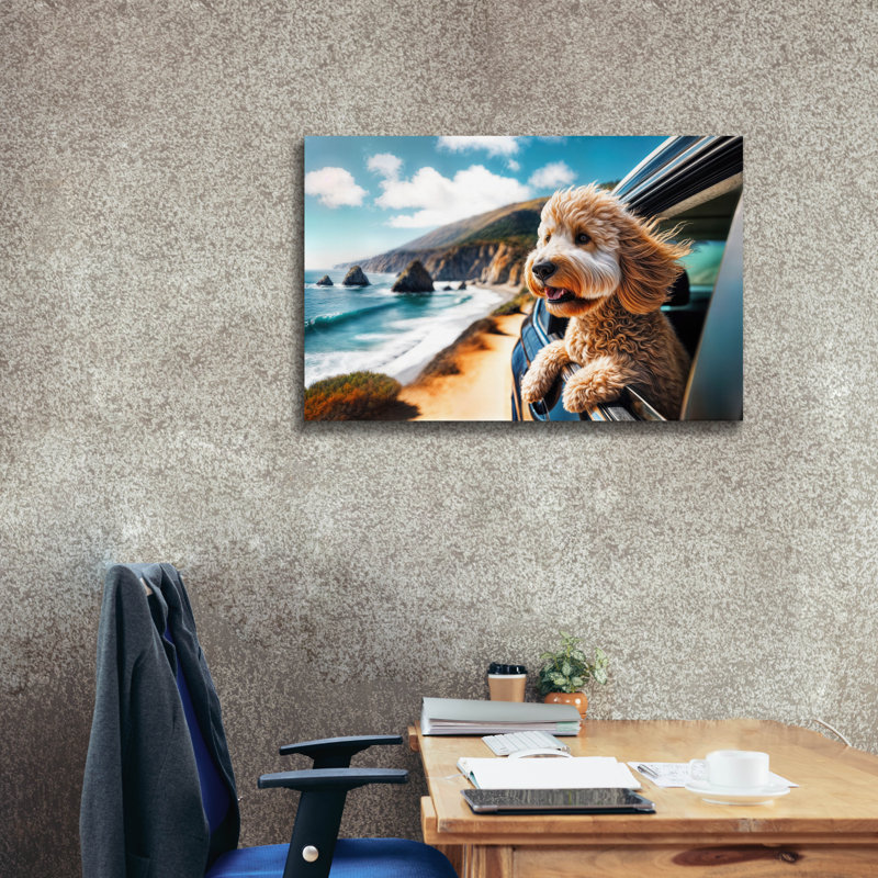 «Dog On Road Trip - Golden Doodle» par Rey Klimt, art mural sur toile, H 26 po x l 40 po x P 1,5 po