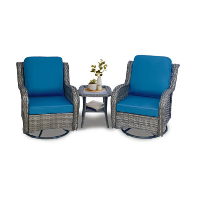 3-Piece All Weather PE Rattan Patio Conversation Set, 2 Pack 360° Swivel Glider Chairs with Side Table, High Back Ergonomic Outdoor Rockers with 4" Thick Stain-Resistant Olefin CushionsC